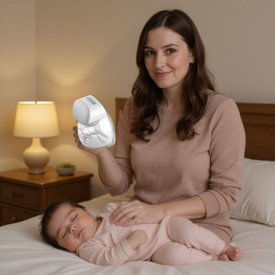 Maman assise sur un lit avec son bébé endormi, tenant le tire-lait électrique DouceTétée™ dans une ambiance douce et nocturne, illustrant un allaitement discret et sans stress.