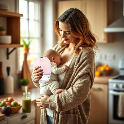 Maman tenant son bébé dans une ambiance chaleureuse avec un tire lait main libre discret et efficace. Extraction de lait sans contrainte pour plus de sérénité.