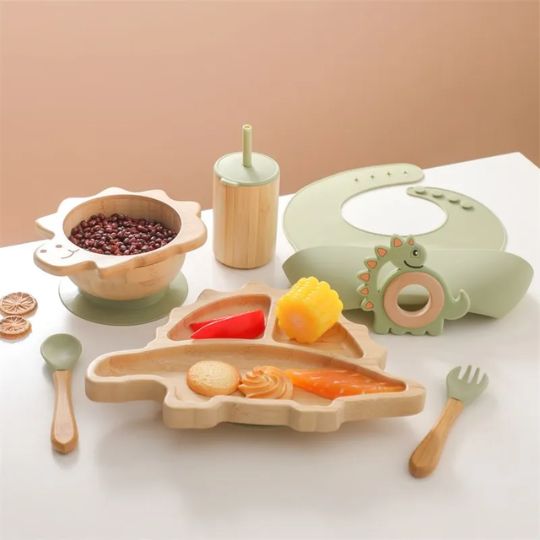 DinoBambou JoySet™ – Coffret repas bébé en bambou, ventouse puissante