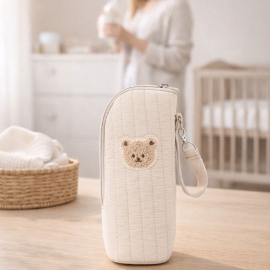 Pochette isotherme bébé beige clair, zip sur le dessus, patch ours, dragonne avec mousqueton