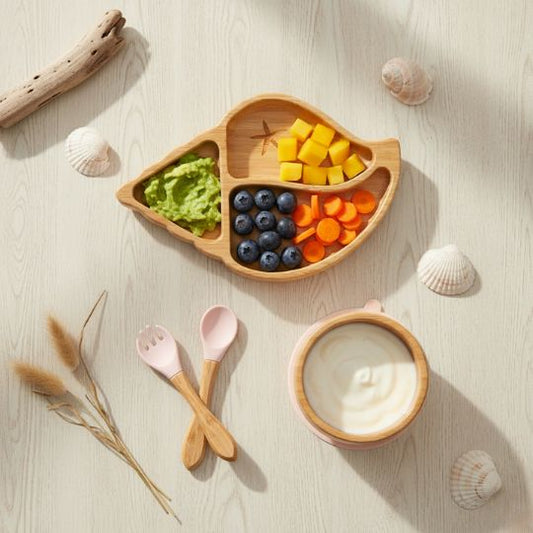 SeaShellBite™ – Assiette bambou bébé coquillage & set repas naturel
