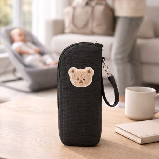 Pochette isotherme bébé noire, zip et sangle, patch ours en tissu, format vertical