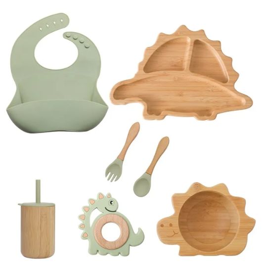 DinoBambou JoySet™ – Coffret repas bébé en bambou, ventouse puissante