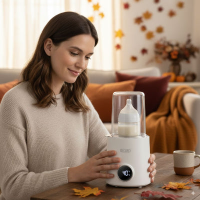 Une jeune maman assise dans une cuisine moderne et lumineuse, souriante, utilise un chauffe-biberon électrique avec affichage digital 40° pour réchauffer un biberon de lait maternel.