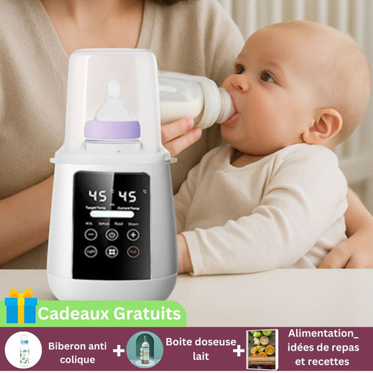 Offre promotionnelle. Bébé nourri au biberon encore chaud, maman souriante et chauffe biberon multifonction visible en premier plan.