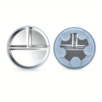 SteelBite Duo™ – Assiette inox bébé ventouse & compartiments