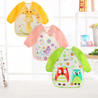 Lot de bavoirs à manche longue bébé imperméables, avec motifs girafe, oiseau et hibou colorés. Bavoir à enfiler avec manches élastiquées offrant une protection complète contre les taches et purées. Bavoir fille et garçon, confortable et lavable, parfait pour les repas quotidiens.