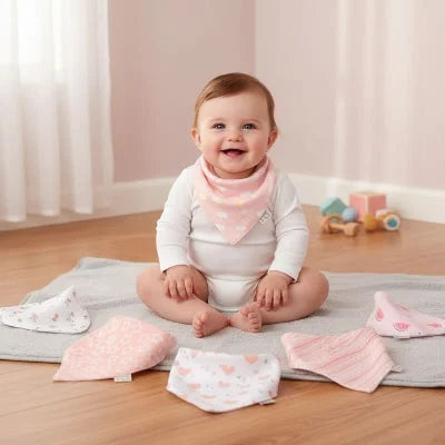 Bébé portant un bavoir bandana avec lot de 5 bavoirs bandana assortis