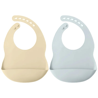 Bavoirs bébé imperméables en silicone avec poche récupératrice, couleurs beige et bleu ciel