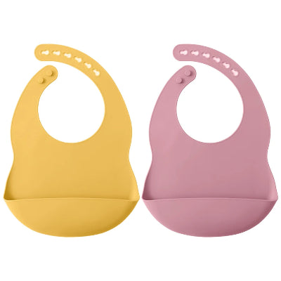 Bavoirs bébé en silicone imperméables avec grande poche récupératrice, duo jaune et rose