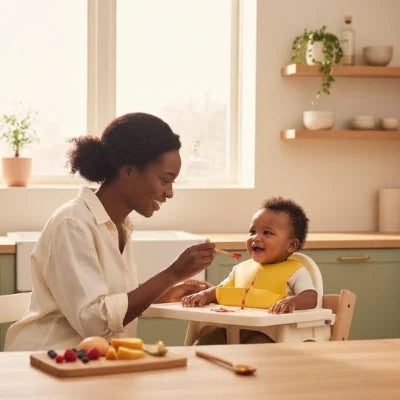 Bébé en chaise haute portant un bavoir bébé imperméable en silicone PocketDuo pendant le repas