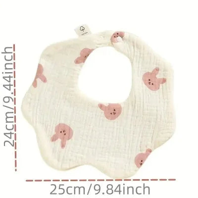 Bavoir bébé manche longue en coton motif lapins roses, bavoir coton bébé avec dimensions détaillées pour un ajustement parfait.