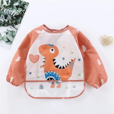 Bavoir bébé manche longue dinosaure orange BabyStyle™, bavoirs tablier imperméables avec manches longues et récupérateur pour repas de bébé.