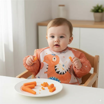 Bavoir bébé manche longue motif dinosaure orange utilisé comme tablier bébé repas, protégeant les vêtements pendant la diversification alimentaire.