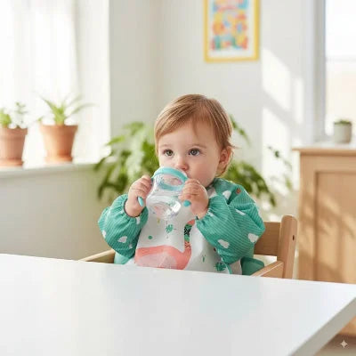 Bébé portant un bavoir bébé manche longue flamant rose, bavoir à enfiler imperméable pour repas et boissons, blouse repas bébé pratique et souple.