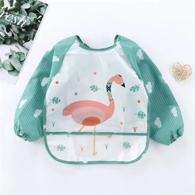 Bavoir bébé manche longue motif flamant rose, blouse bébé repas imperméable ajustable avec récupérateur intégré, tablier pratique et coloré.
