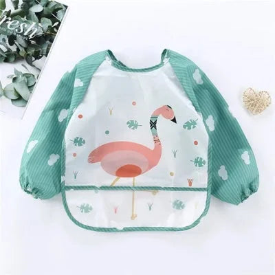 Bavoir bébé manche longue motif flamant rose, blouse bébé repas imperméable ajustable avec récupérateur intégré, tablier pratique et coloré.