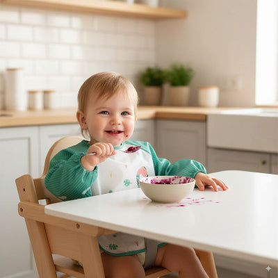 Bébé souriant mangeant de la compote avec un bavoir bébé manche longue motif flamant rose, blouse bébé repas imperméable avec récupérateur intégré.