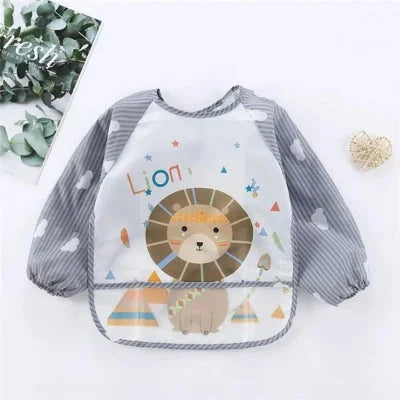 Bavoir bébé manche longue BabyStyle™ motif lion, tablier bébé repas imperméable avec récupérateur intégré, blouse pratique de 6 mois à 3 ans.