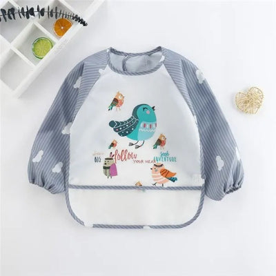 Bavoir bébé manche longue BabyStyle™ imprimé oiseaux colorés, bavoirs manches longues imperméables et évolutifs avec poche récupératrice.