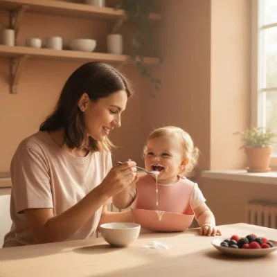 Bébé portant un bavoir bébé en silicone imperméable avec poche récupératrice pendant le repas