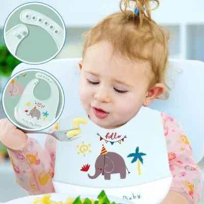 Bavoir silicone réglable MiniMiam TrioBib motif éléphant pendant la diversification alimentaire