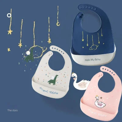 Bavoirs silicone MiniMiam TrioBib thème étoiles et espace avec poche récupératrice