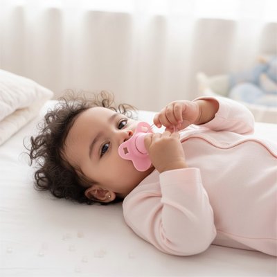 Bébé allongé jouant avec sa tétine en silicone rose, moment d’apaisement et de détente