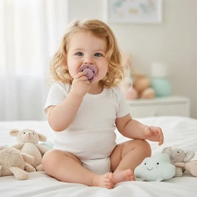 Bébé assis sur le lit tenant une sucette violette en silicone entouré de peluches