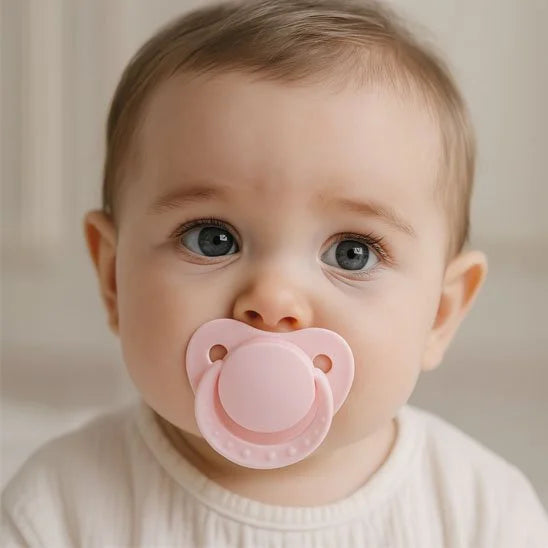 Bébé calme avec une tétine rose douce en silicone, design ergonomique pour un apaisement naturel