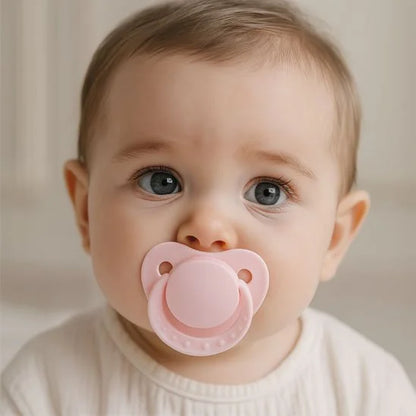 Bébé calme avec une tétine rose douce en silicone, design ergonomique pour un apaisement naturel