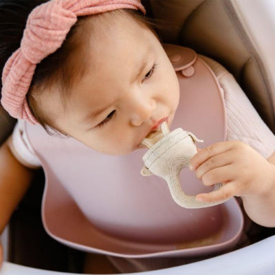 Bébé utilisant une grignoteuse bébé avec un fruit pendant le repas dans sa chaise haute