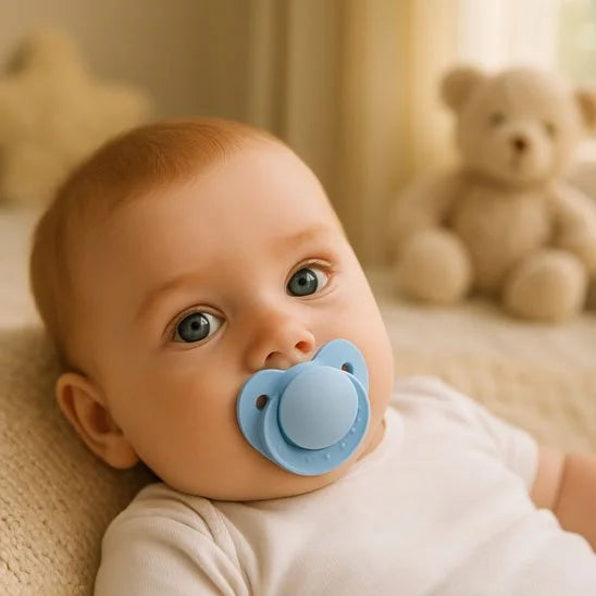 Bébé détendu avec une tétine bleue physiologique, idéale pour un sommeil paisible