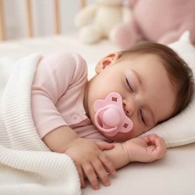 Bébé endormi paisiblement avec une tétine en silicone rose, sommeil calme et sécurisé