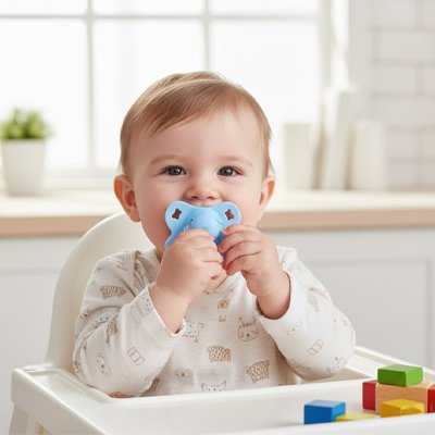 Bébé souriant avec une tétine bleue en silicone, favorisant le développement bucco-dentaire sain