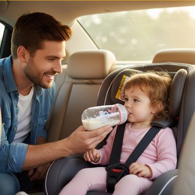 Papa donne le biberon anti-colique à son bébé assis dans un siège auto, moment tendre en voiture