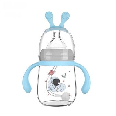 Biberon bleu 180 ml motif astronaute, paille anti-colique et poignées confort bébé