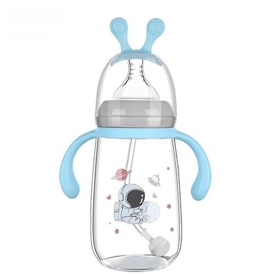 Grand biberon bleu 300 ml motif espace, tétine souple et design anti-air