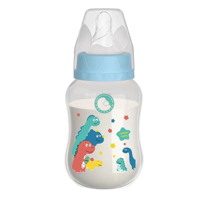 Biberon anti colique avec motifs dinosaures, idéal pour une alimentation confortable et sans gaz.