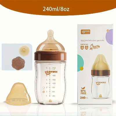 Grand biberon en verre anti colique 240 ml, idéal pour les repas complets et la réduction des bulles d’air.