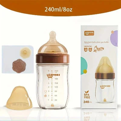 Grand biberon en verre anti colique 240 ml, idéal pour les repas complets et la réduction des bulles d’air.