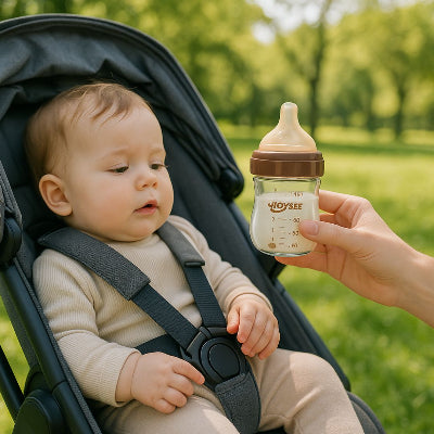 Bébé en poussette regardant un biberon en verre anti colique, parfait pour les sorties et repas sans bulles d’air.