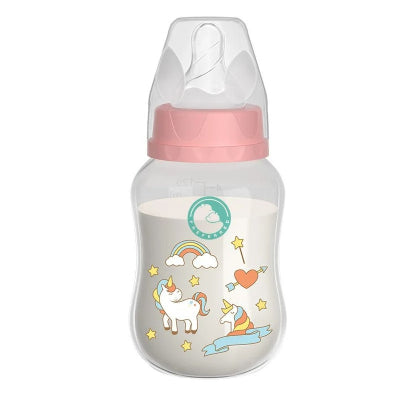 Biberon anti colique avec motifs licorne, conçu pour réduire les coliques et offrir une tétée apaisante aux bébés.