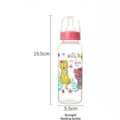 Biberon anti colique avec panthères et bouchon rose, forme droite 19,5 cm pour bébés dès la naissance