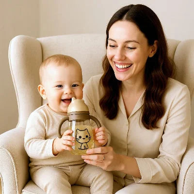 Maman souriante tenant un biberon anti colique PPSU avec son bébé, tétine douce pour transition sein-biberon.

