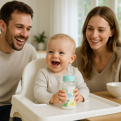 Bébé souriant dans sa chaise haute tenant un biberon à motif dinosaure, entouré de ses parents dans une cuisine lumineuse – biberon bébé design ludique.