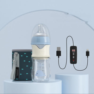 Modèle bleu du biberon en verre 150 ml avec housse chauffante USB et tétine pour nouveau-né, idéal dès la naissance.