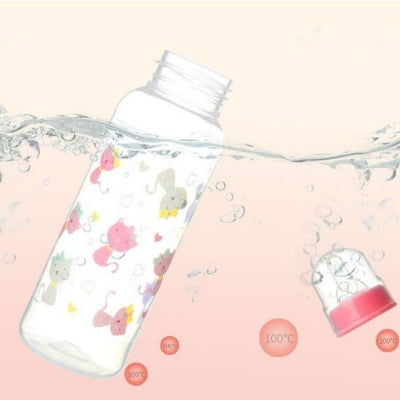 Biberon motif chat coloré, testé à 100°C pour stérilisation, résistant à l’eau bouillante sans BPA