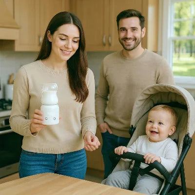  Famille réunie dans la cuisine, avec maman tenant un chauffe biberon multifonction affichant 45°C, bébé confortablement installé dans une poussette – moment convivial et pratique pour les repas.
