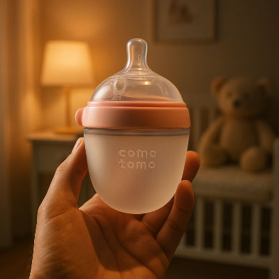 Gros plan sur un biberon Como Tomo rose posé dans une main, en arrière-plan une chambre de bébé cosy avec un ours en peluche.